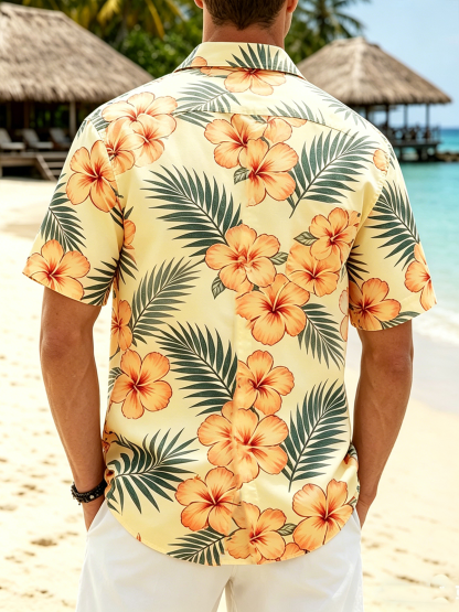 Linen-Texture  Botanical Floral Flamingo Print with Chest Pocket Holiday Hawaiian Shirt