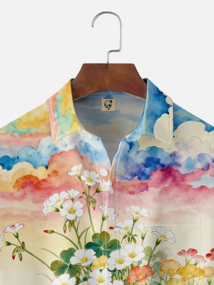 Moisture Wicking Gradient Floral Botanical Shirt Chest Pocke Holiday Hawaiian Shirt