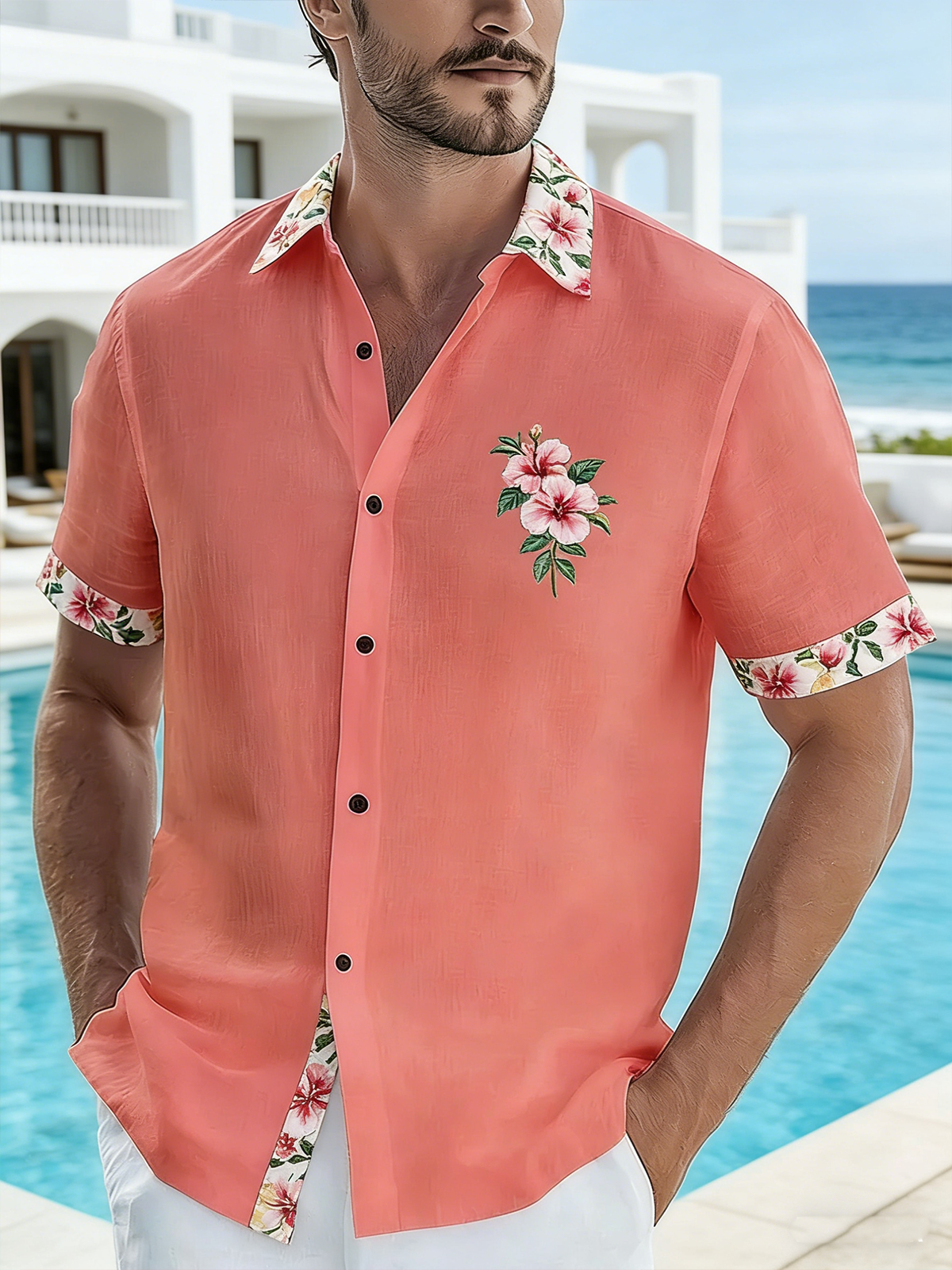 Linen-Texture Botanical Floral Chest Pocket Holiday Hawaiian Shirt