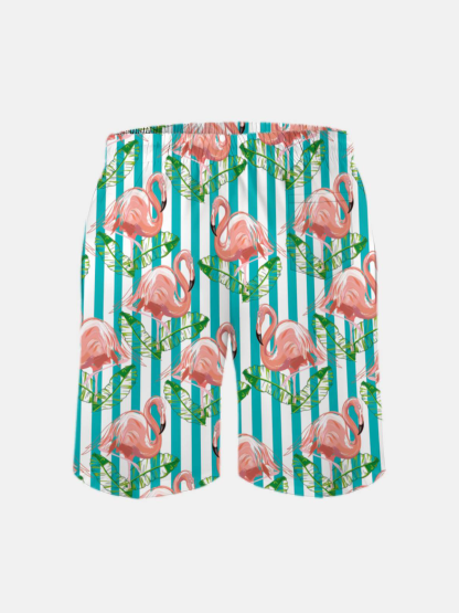Men's Swim Trunks Hawaiian Tropical Flamingo Striped Beach Shorts with Pockets