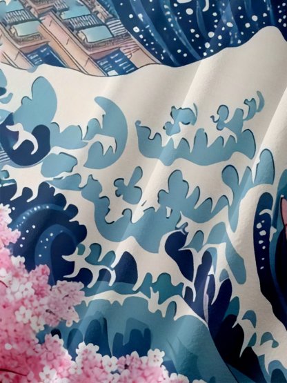 X Artist Kimprut Imut Japanese Ukiyo-e Wave Cat Chest Pocket Hawaiian Shirt