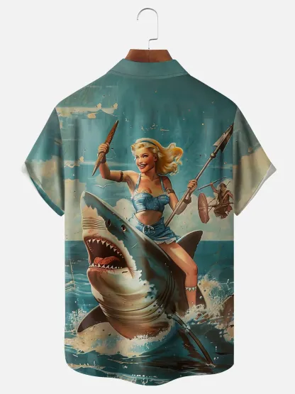 Moisture-wicking Shark Beauty Chest Pocket Hawaiian Shirt