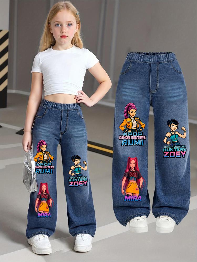 "hunters' Girl" Printed Denim Jeans for Girls, Cute Portrait Design, Trendy Streetwear for Ages 8-12, Perfect for Young Fashionistas