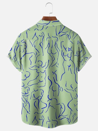 Moisture-wicking Art Blue Abstract Line Drawing Chest Pocket Hawaiian Titty Shirt