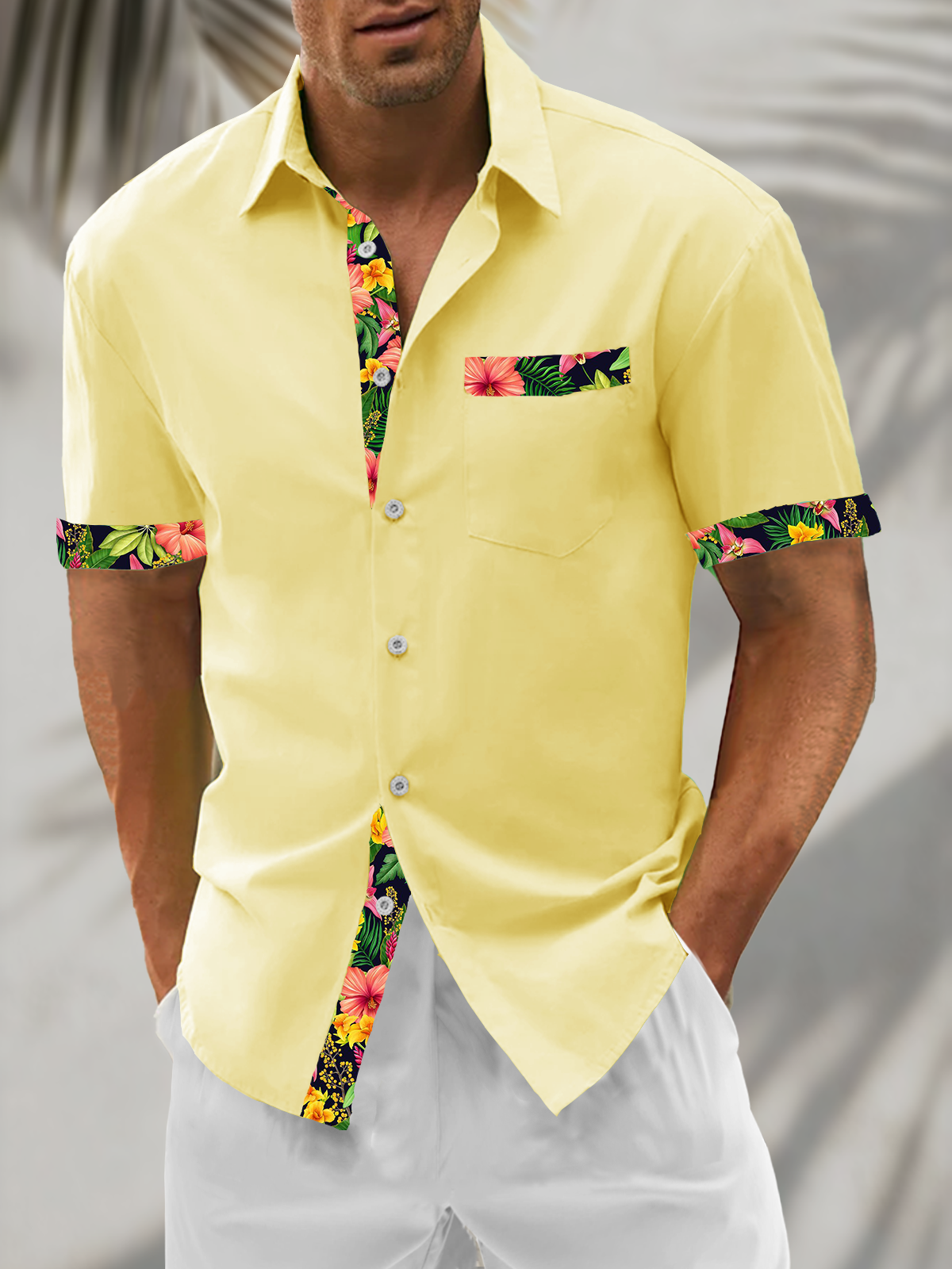 Linen Textured Solid & Botanical Floral Patchwork with Chest Pocket Holiday Hawaiian Shirt