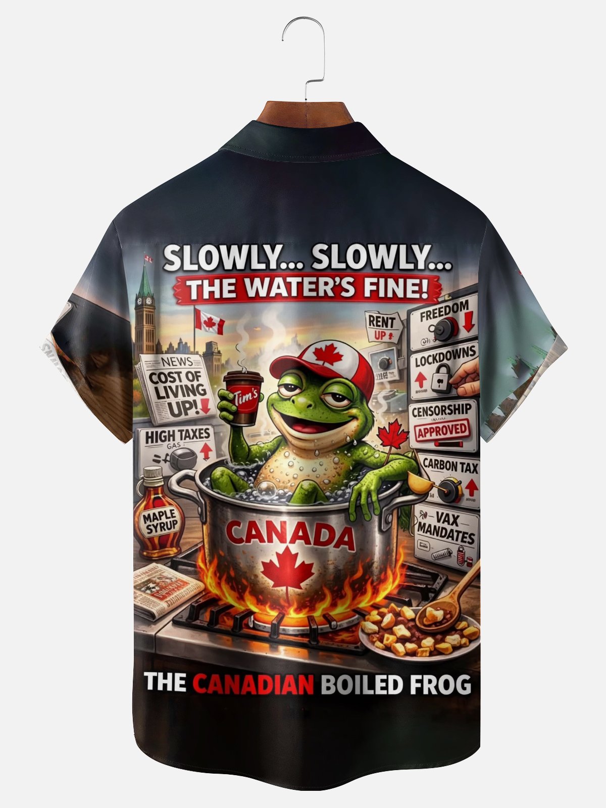 Moisture Wicking Canada Day Maple Leaf Flag Boiling Frog Pattern Chest Pocket Festival Style Hawaiian Shirt