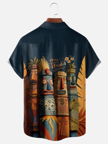 Moisture-wicking Tiki Chest Pocket Hawaiian Shirt