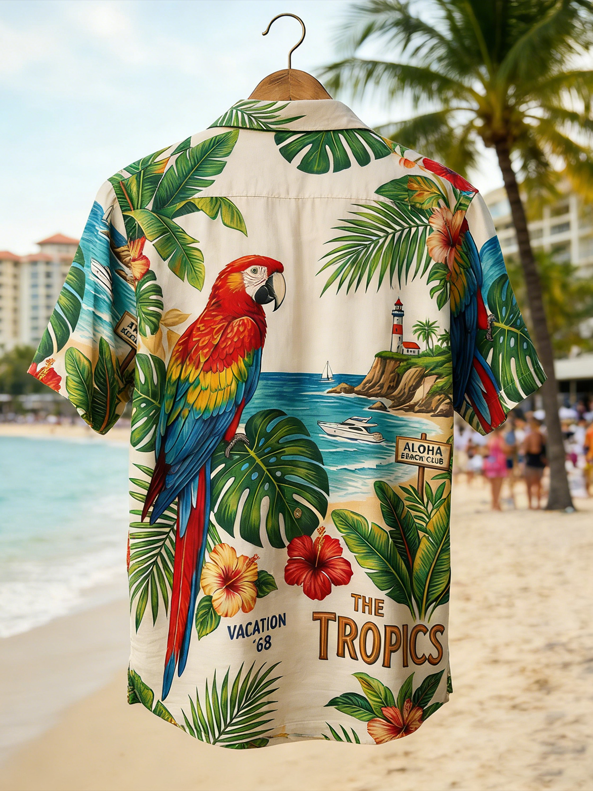 Linen Textured Leafy Flowers Seascape Parrot Chest Pocke Holiday Hawaiian Shirt