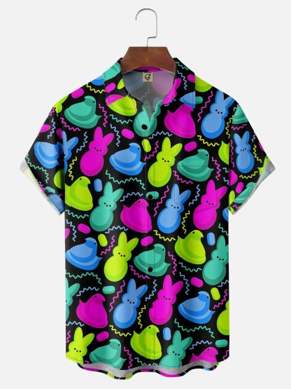 Tall Size Moisture Wicking Easter Egg Bunny Chest Pocket Hawaiian Shirt