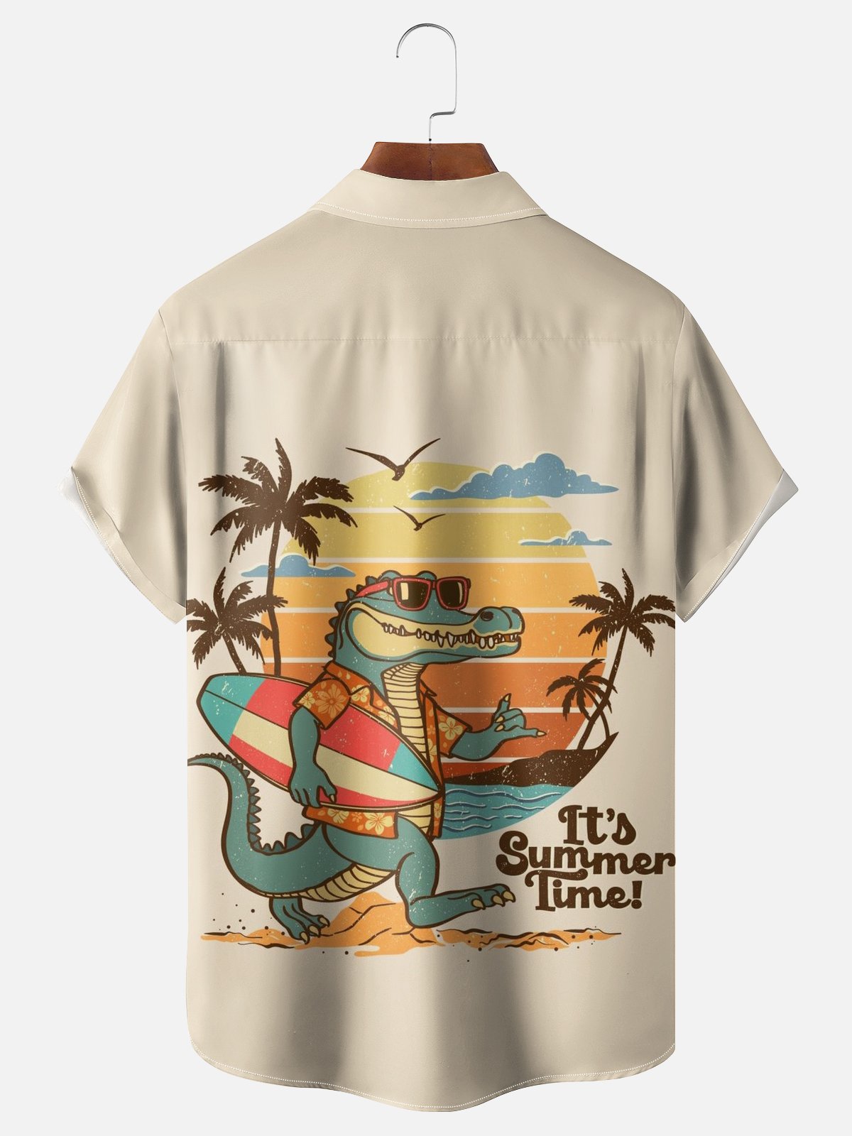 Moisture-wicking Crocodile On Vacation Palm Tree Chest Pocket Hawaiian Shirt