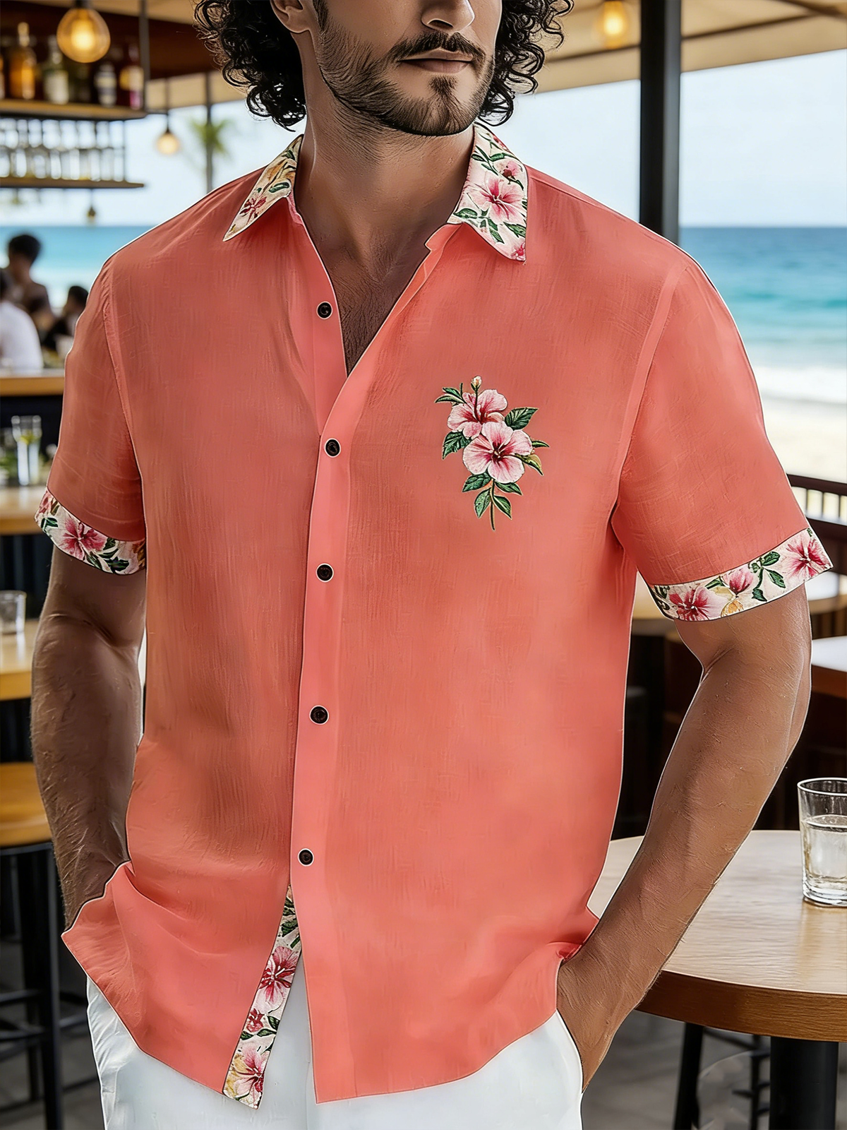 Linen-Texture Botanical Floral Chest Pocket Holiday Hawaiian Shirt