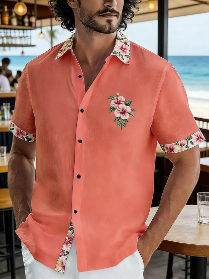 Linen-Texture Botanical Floral Chest Pocket Holiday Hawaiian Shirt