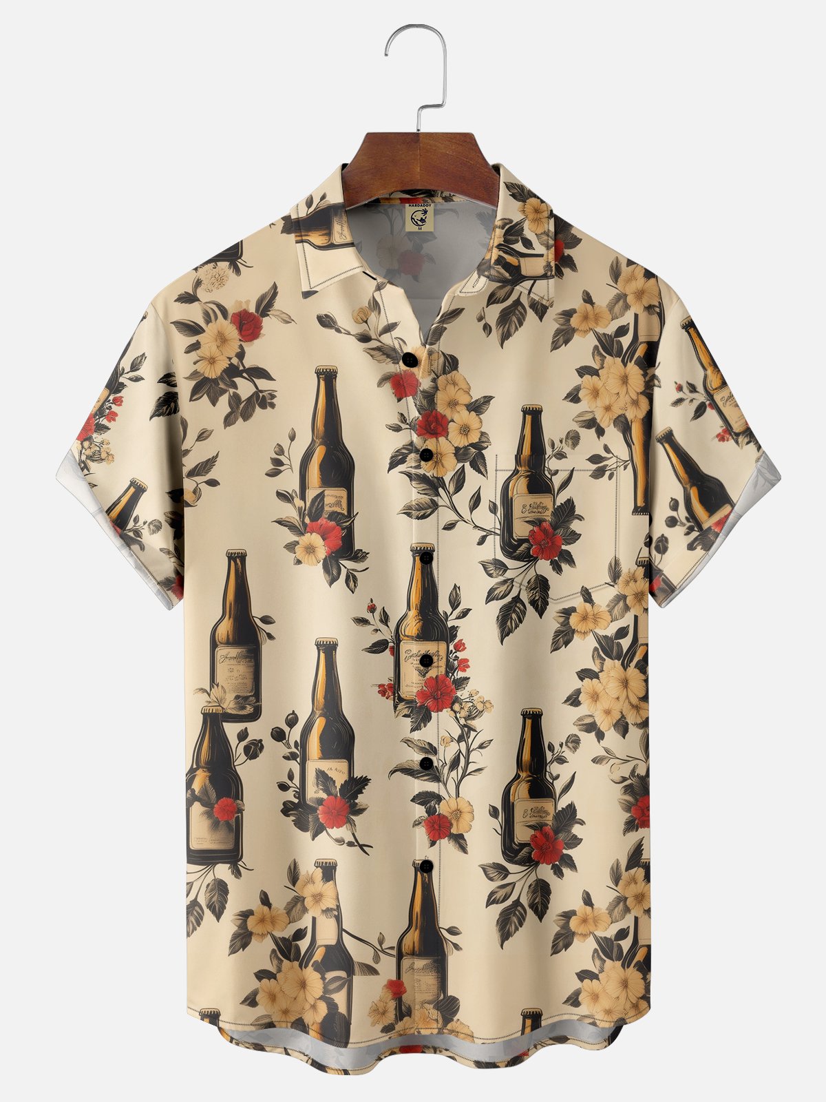 Moisture-wicking Beer Floral Chest Pocket Hawaiian Shirt