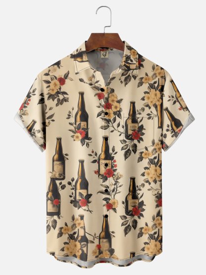 Moisture-wicking Beer Floral Chest Pocket Hawaiian Shirt