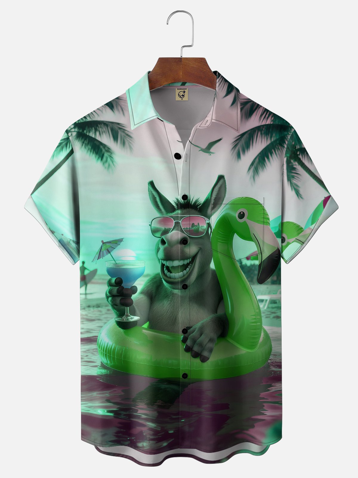 Moisture-wicking Donkey Flamingo Coconut Tree Beach Chest Pocket Hawaiian Shirt