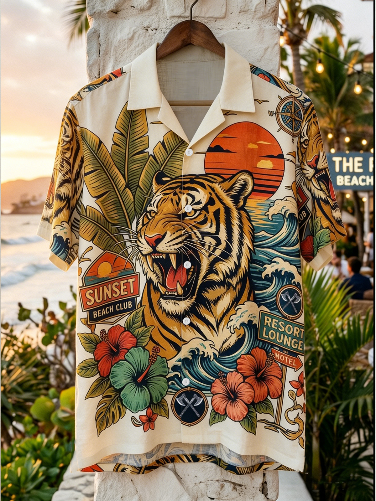 Moisture Wicking Leaves Flowers Waves Tiger Chest Pocke Holiday Hawaiian Shirt