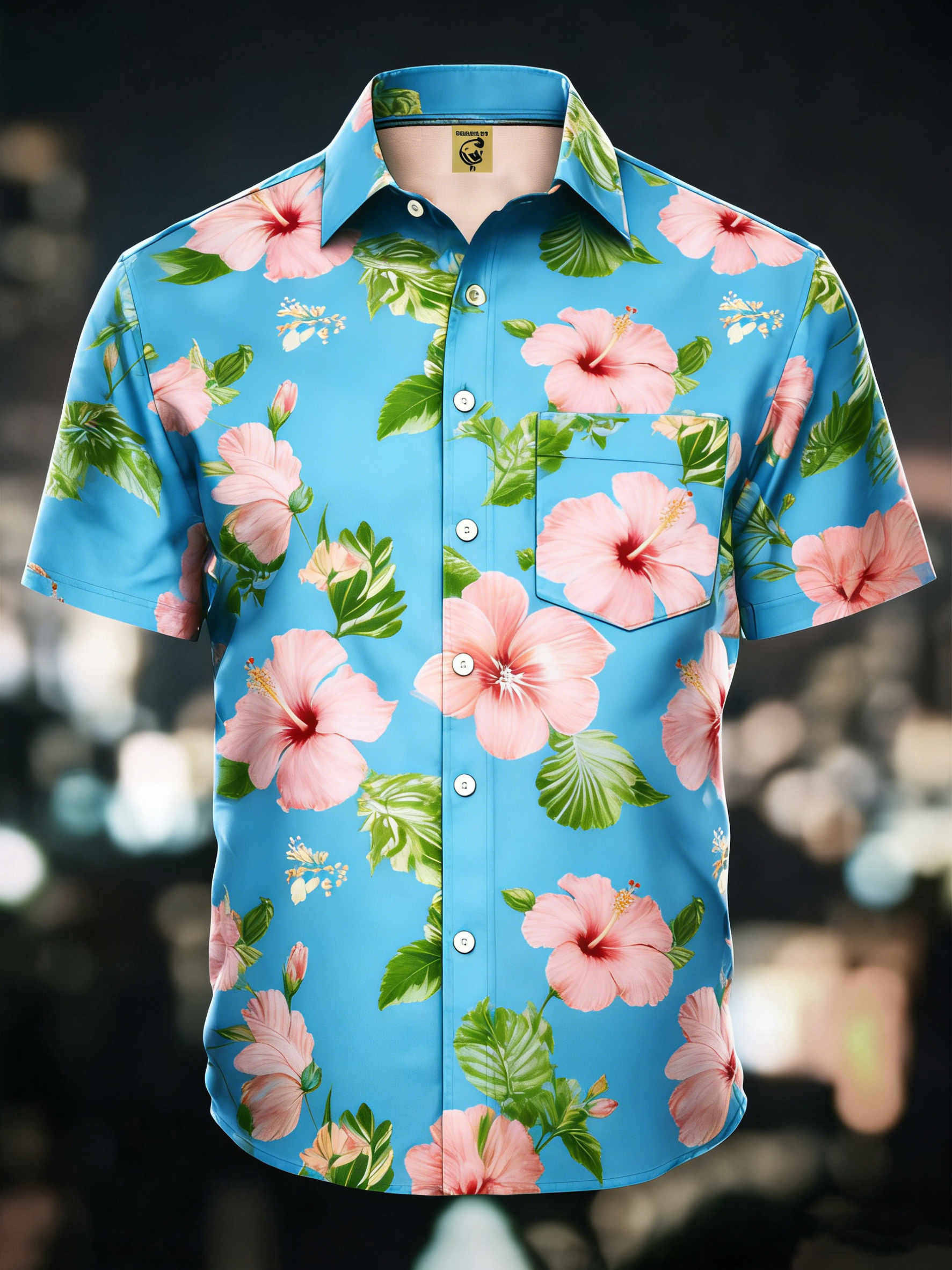 Moisture-wicking Tropical Hibiscus Floral Chest Pocket Hawaiian Shirt