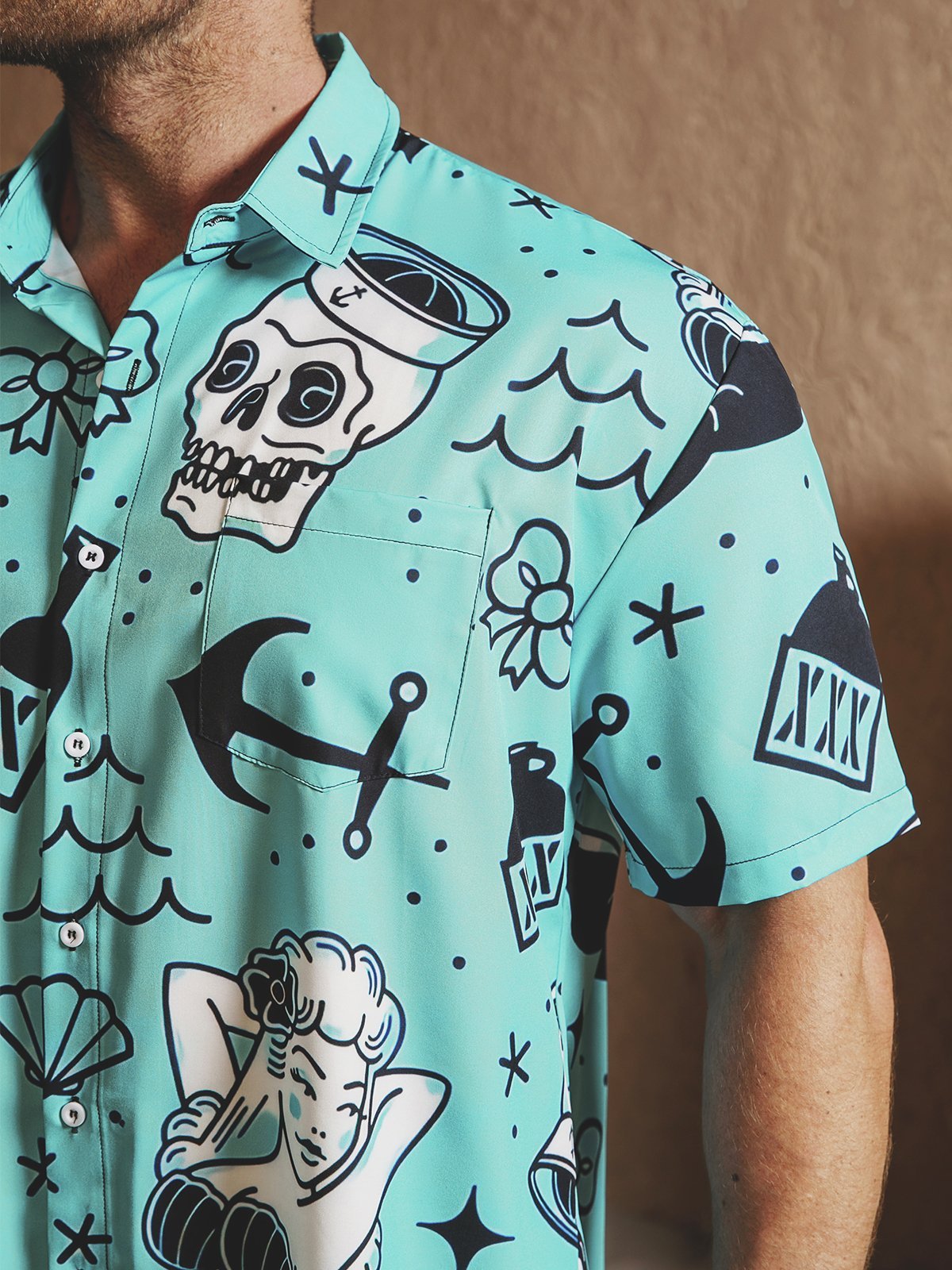 Mermaid Chest Pocket Short Sleeve Hawaiian Shirt