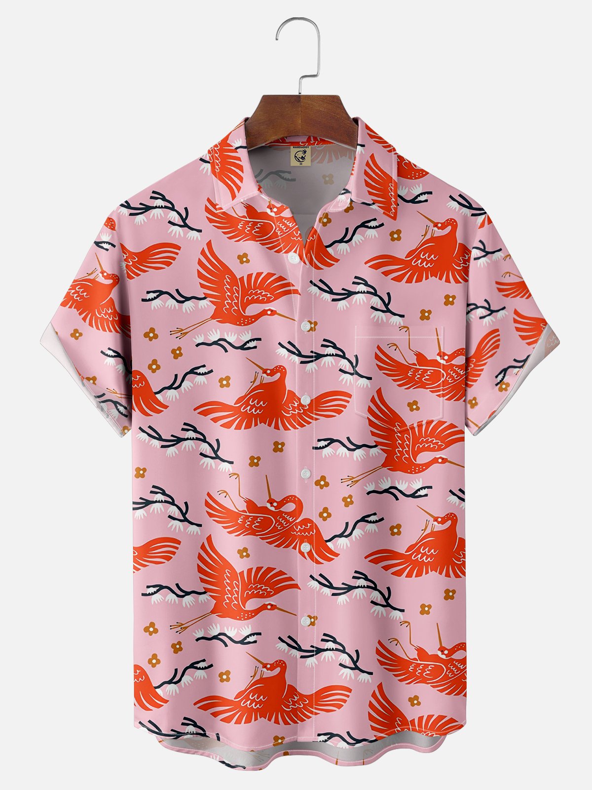 Moisture Wicking Ukiyo-e Crane Chest Pocket Hawaiian Shirt