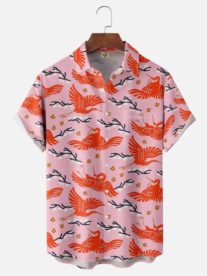 Moisture Wicking Ukiyo-e Crane Chest Pocket Hawaiian Shirt