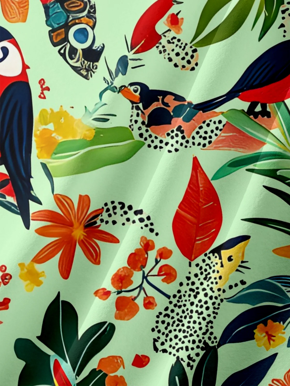 Moisture-wicking Tropical Palm Tree Parrot Floral Chest Pocket Hawaiian Shirt