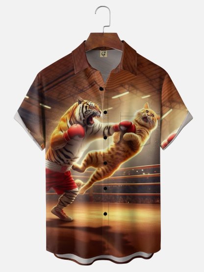 Moisture Wicking Fun Boxing Tiger Cat Chest Pocke Holiday Hawaiian Shirt