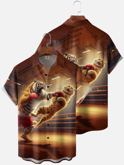 Moisture Wicking Fun Boxing Tiger Cat Chest Pocke Holiday Hawaiian Shirt