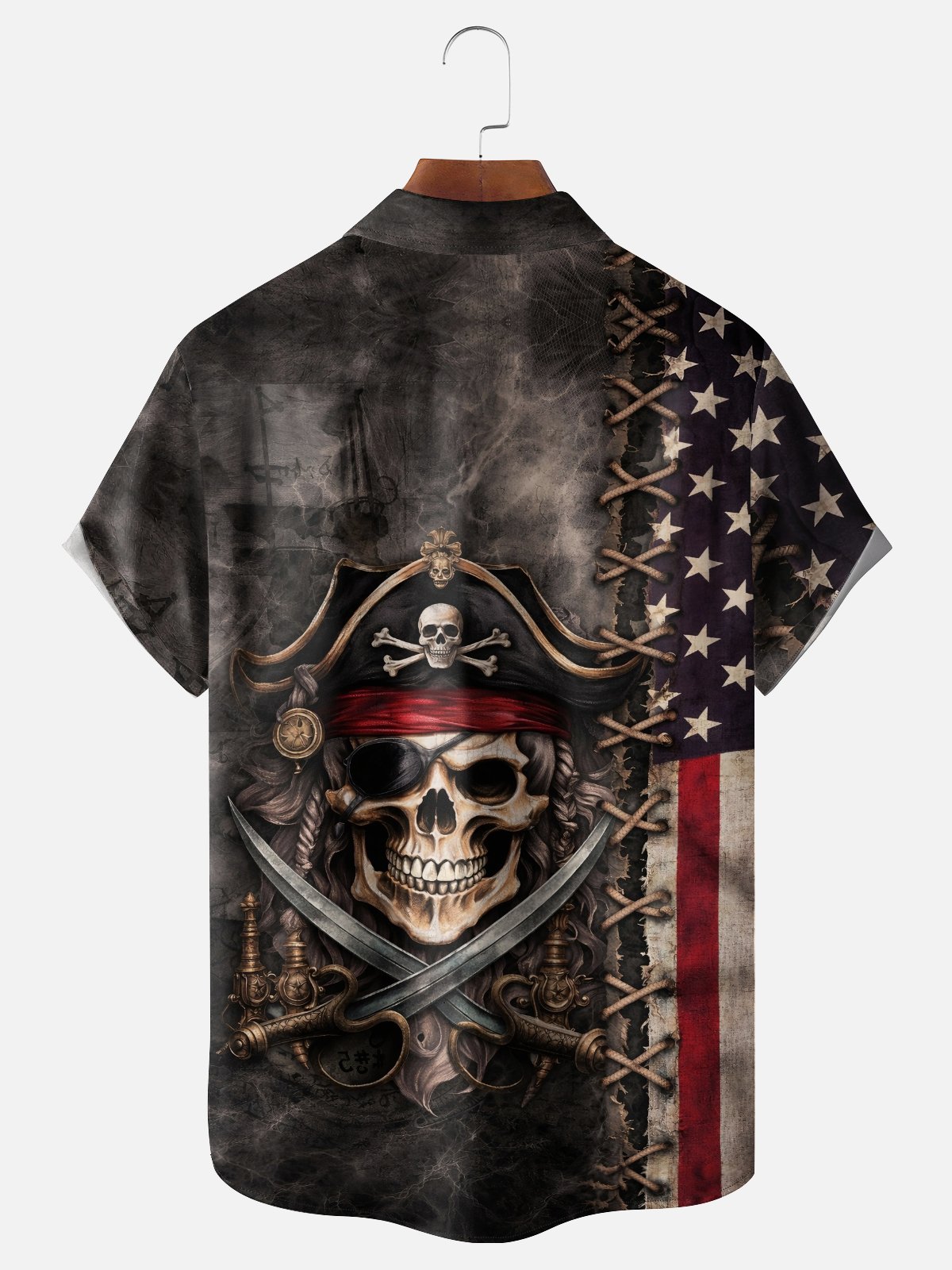 Moisture-Wicking U.S. Independence Day Flag & Pirate Theme Chest Pocket Festive Hawaiian Shirt