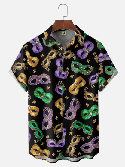 Mens Mardi Gras Carnival Masks Print Casual Breathable Short Sleeve Hawaiian Shirts
