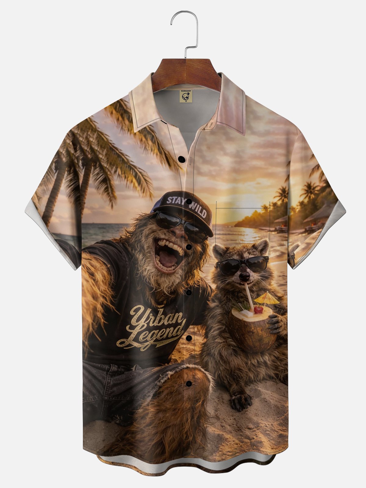 Moisture Wicking Fun Bigfoot Beach Vacation Themed Hawaiian Shirt with Chest Pocket