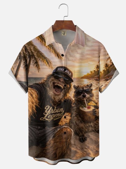 Moisture Wicking Fun Bigfoot Beach Vacation Themed Hawaiian Shirt with Chest Pocket