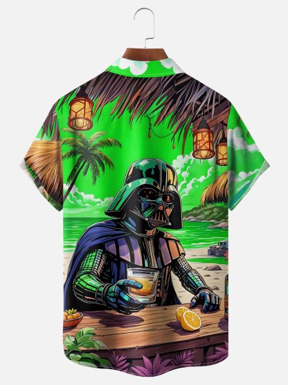 Moisture-wicking Star Beach Coconut Tree Chest Pocket Hawaiian Shirt