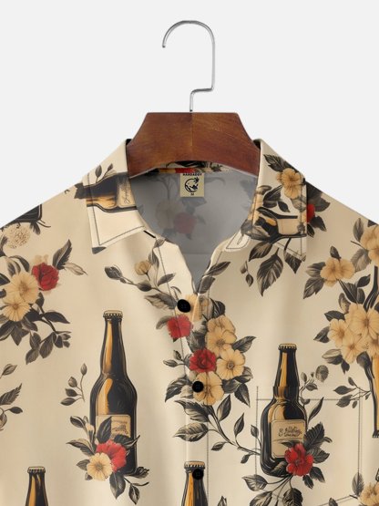 Moisture-wicking Beer Floral Chest Pocket Hawaiian Shirt