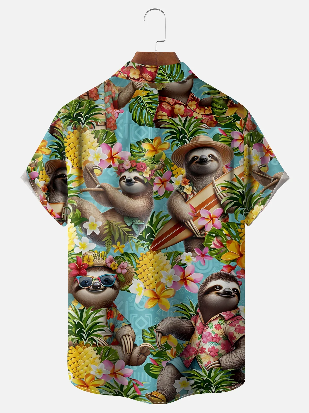 Moisture-wicking Sloth Pineapple Flowers Chest Pocket Hawaiian Shirt