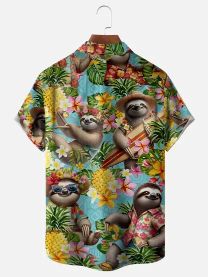 Moisture-wicking Sloth Pineapple Flowers Chest Pocket Hawaiian Shirt