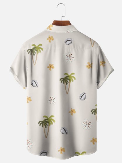 Moisture-wicking Palm Tree Floral Shell Chest Pocket Hawaiian Shirt
