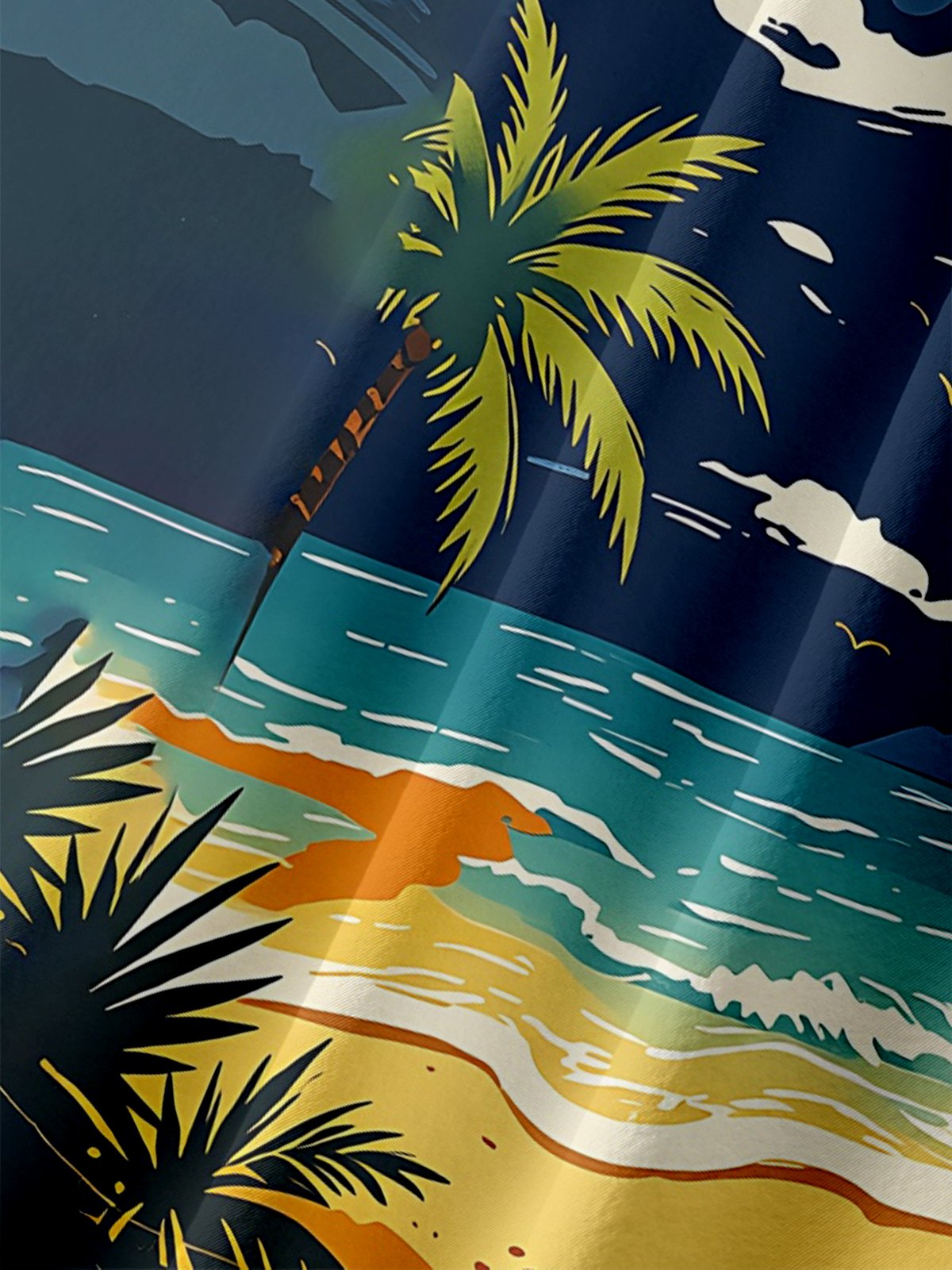 Moisture-Wicking Gradient Coconut Trees Beach And Bigfoot Print Chest Pocket Hawaiian Shirt