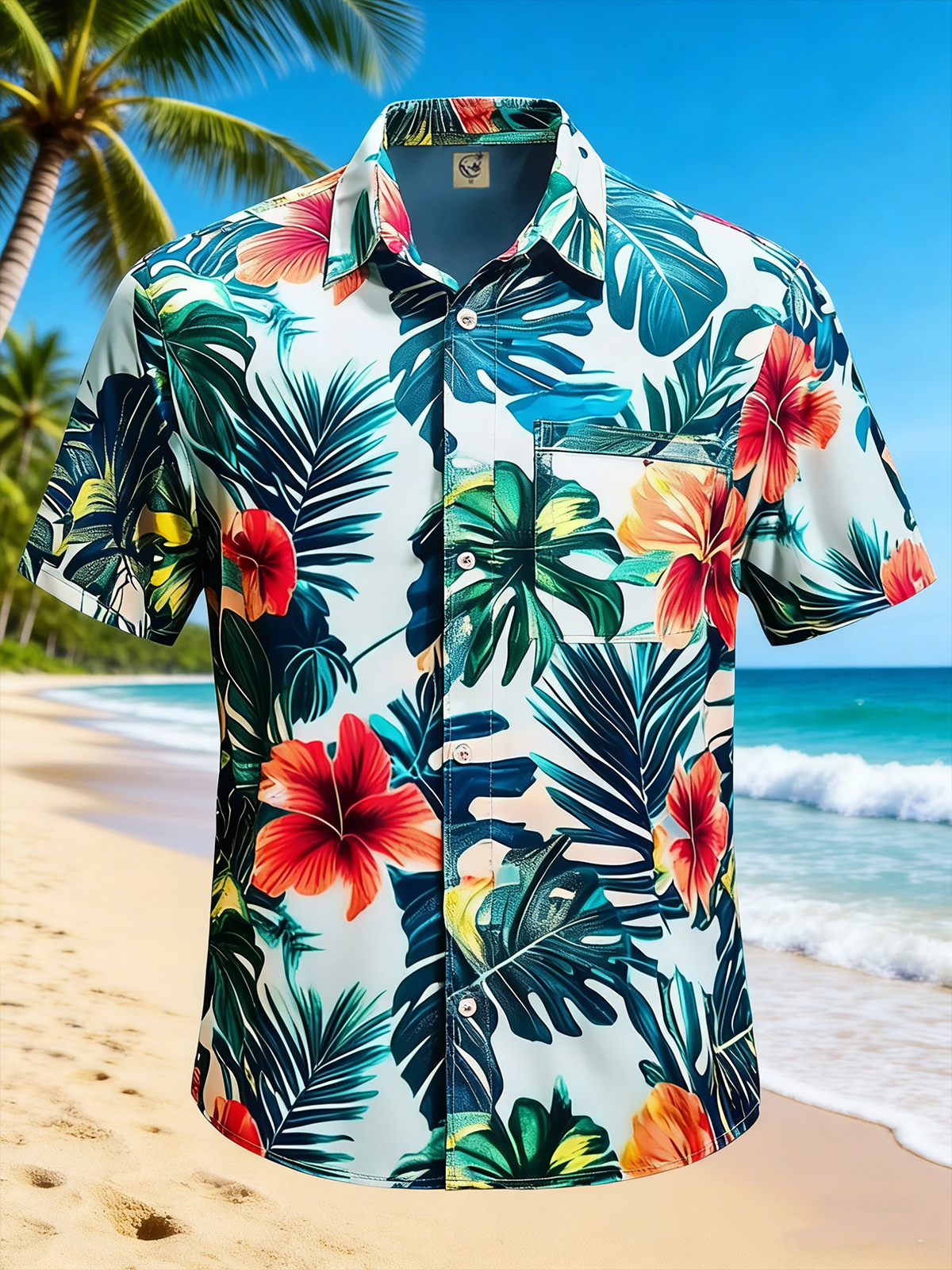 Moisture-Wicking Botanical Floral Chest Pocket Holiday Hawaiian Shirt