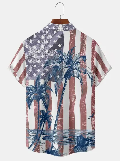 Tall Size Moisture-wicking American Flag Palm Tree Chest Pocket Hawaiian Shirt