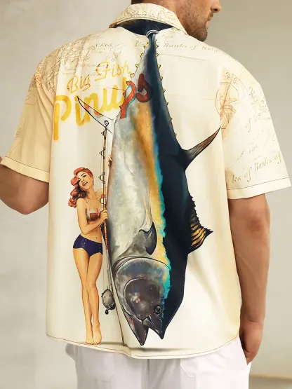 Beauty Fishing Chest Pocket Short Sleeve Hawaiian Shirt