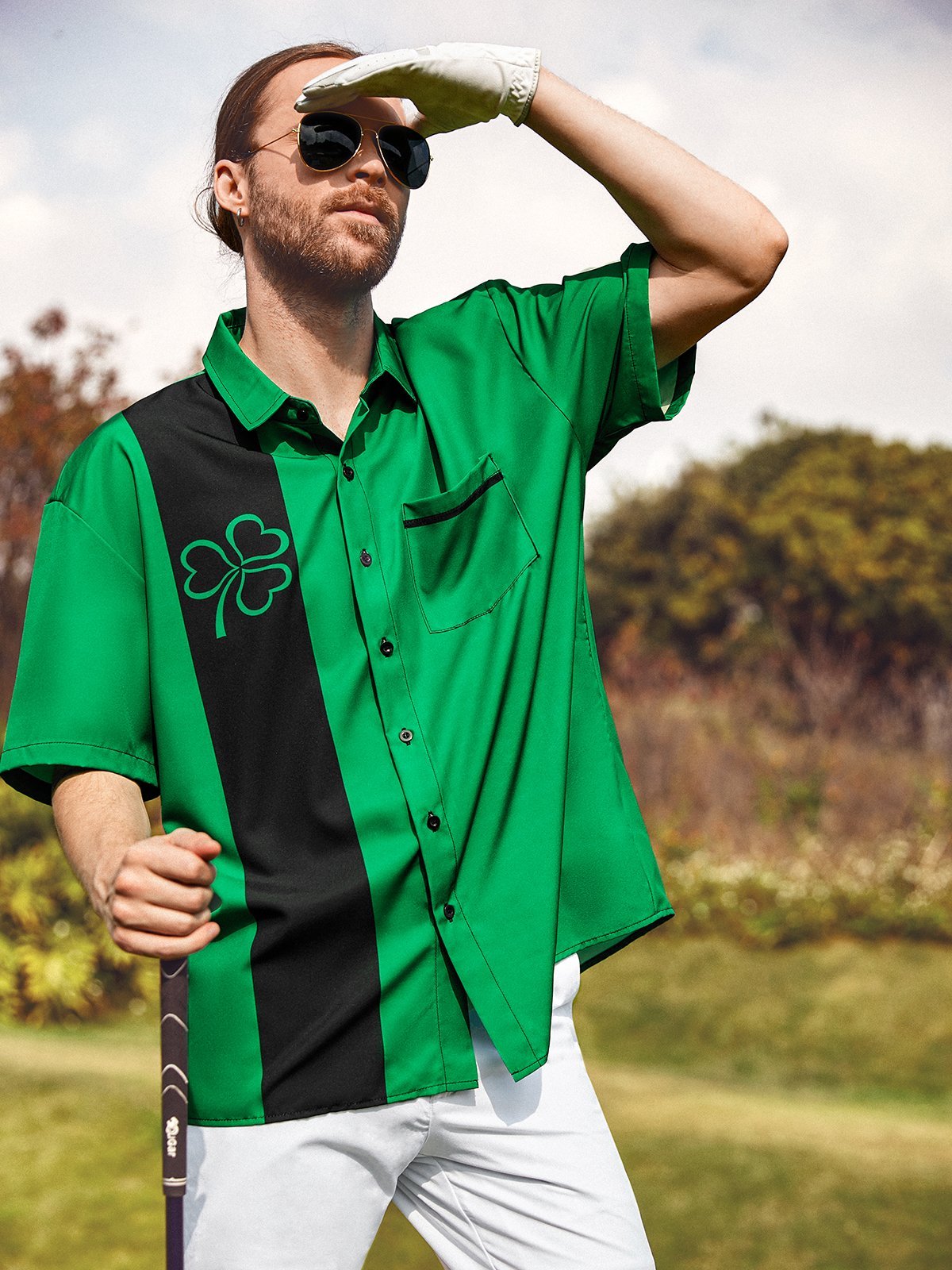Hawaiian Button Up Shirt for Men Green St. Patrick's Day Lucky Clover Regular Fit Short Sleeve Bowling Shirt St Paddy's Day Shirt