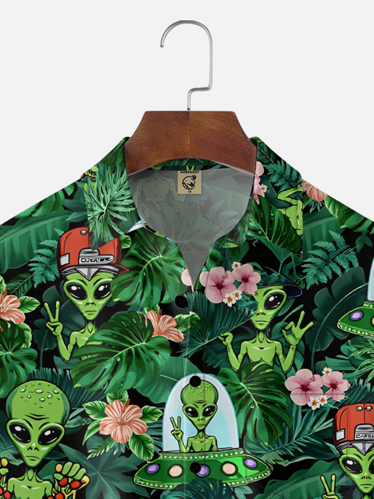 Moisture Wicking Leaf Floral and Alien Chest Pocket Holiday Hawaiian Shirt