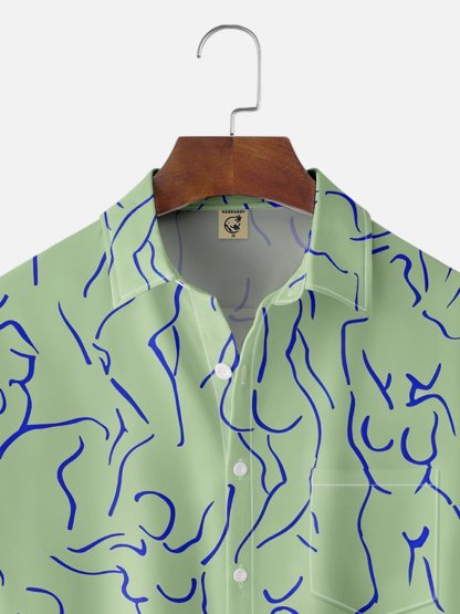 Moisture-wicking Art Blue Abstract Line Drawing Chest Pocket Hawaiian Titty Shirt