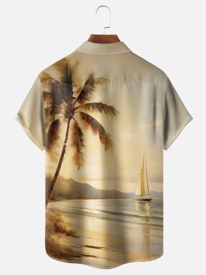Moisture-wicking Beach Coconut Tree Chest Pocket Hawaiian Shirt