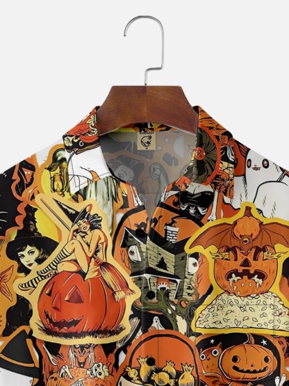 Moisture-Wicking Halloween Skull Pumpkin Beauty Ghost Chest Pocket Hawaiian Shirt