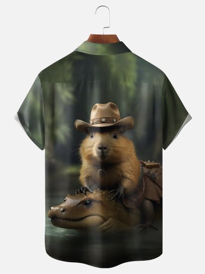 Moisture Wicking Fun Western Kapibala Alligator Chest Pocke Holiday Hawaiian Shirt