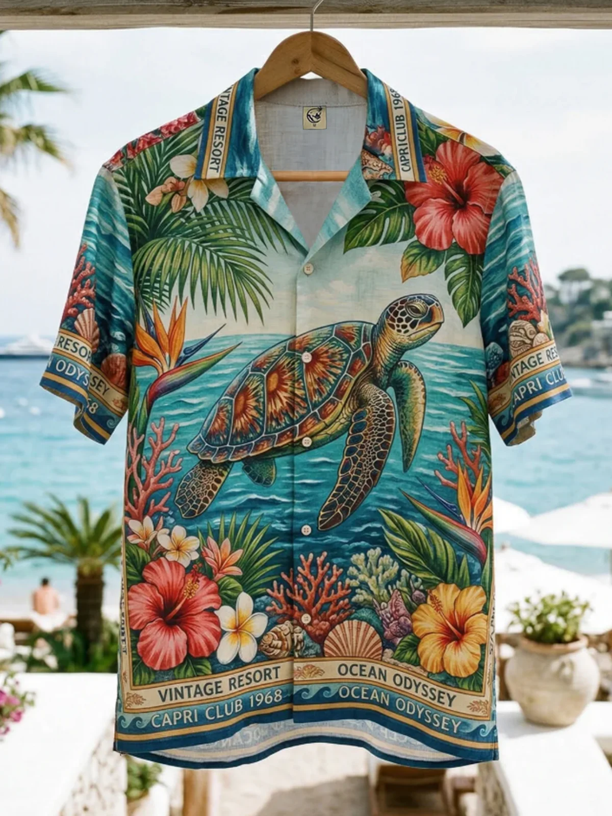 Moisture Wicking Leafy Flowers Ocean Turtle Chest Pocke Holiday Hawaiian Shirt