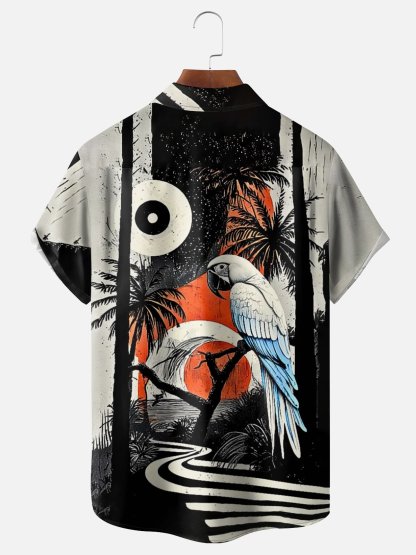 Moisture Wicking Botanical & Parrot Print Chest Pocket Holiday Hawaiian Shirt