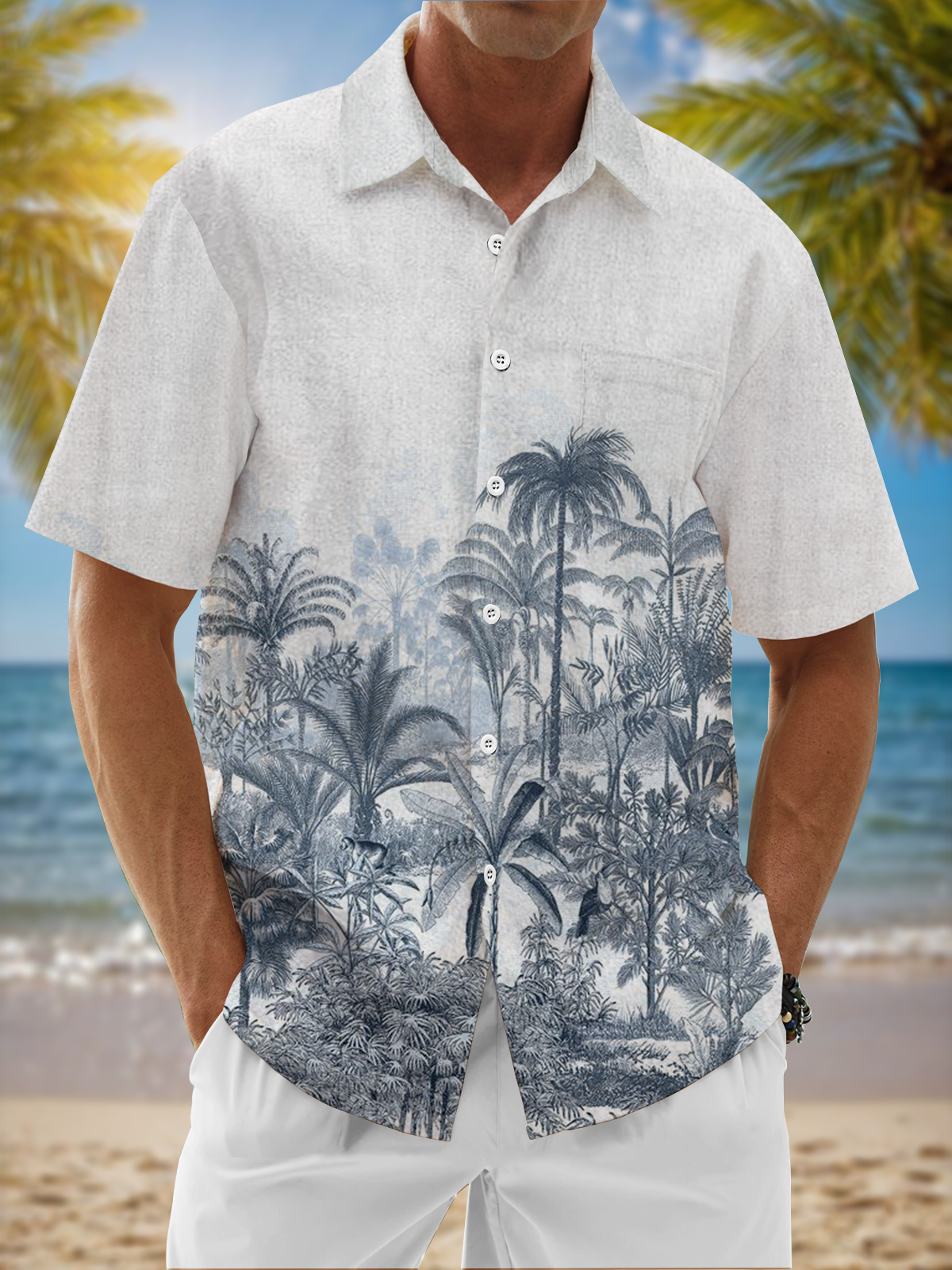 Moisture Wicking Coconut Tree Botanical Chest Pocket Hawaiian Shirt