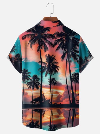 Moisture-wicking Beach Sunset Coconut Tree Chest Pocket Hawaiian Shirt